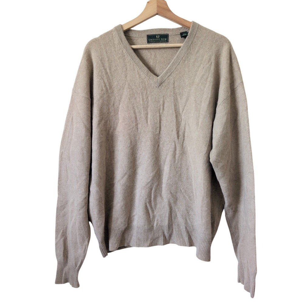Embassy Row Mens XL 100% Cashmere V-Neck Sweater Tan Beige Cream Luxury Neutral
